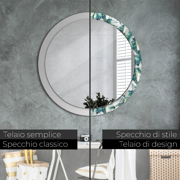 Miroir rond cadre avec impression Feuilles