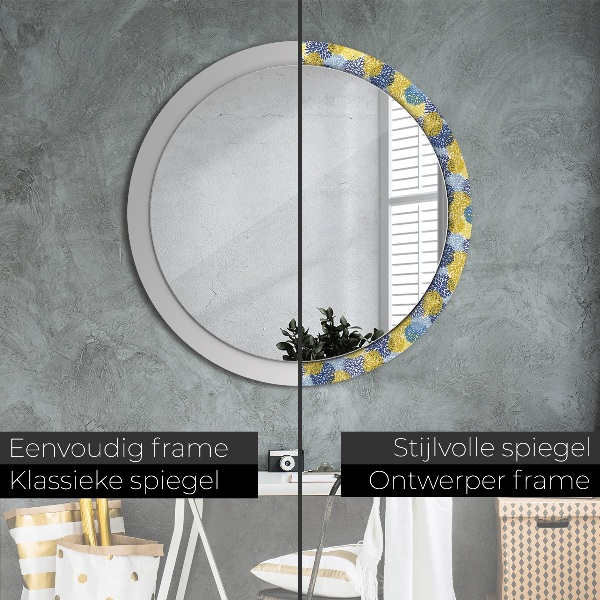 Miroir rond cadre avec impression Fleurs bleues