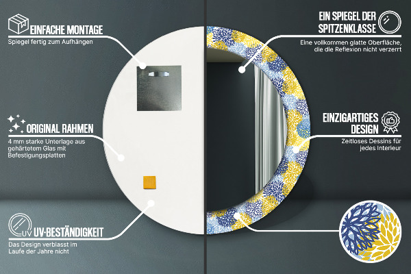 Miroir rond cadre avec impression Fleurs bleues