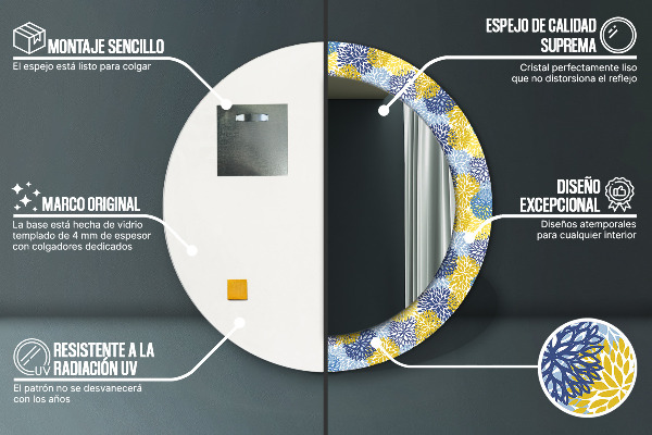 Miroir rond cadre avec impression Fleurs bleues