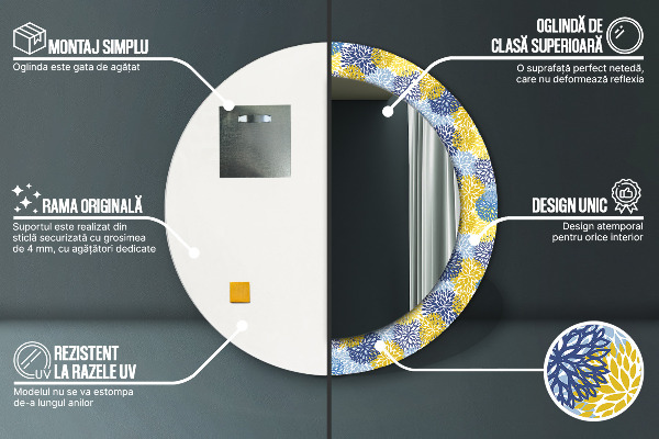 Miroir rond cadre avec impression Fleurs bleues