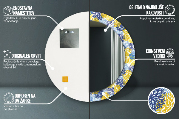 Miroir rond cadre avec impression Fleurs bleues