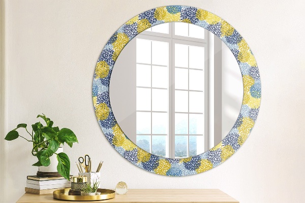 Miroir rond cadre avec impression Fleurs bleues