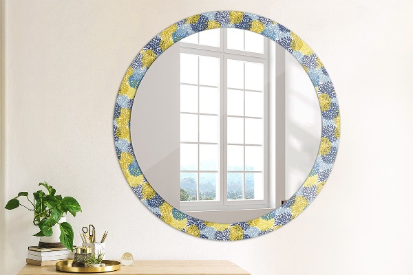 Miroir rond cadre avec impression Fleurs bleues