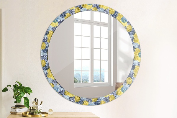 Miroir rond cadre avec impression Fleurs bleues