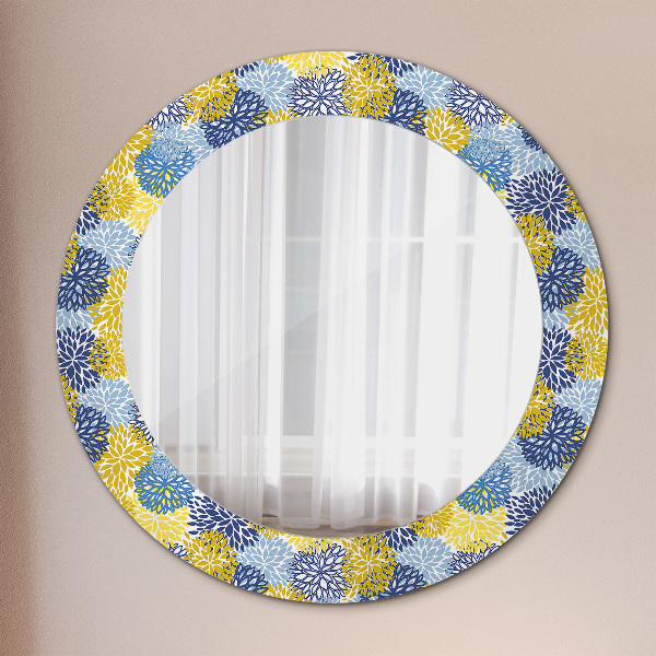 Miroir rond cadre avec impression Fleurs bleues