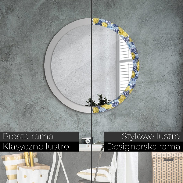 Miroir rond cadre avec impression Fleurs bleues