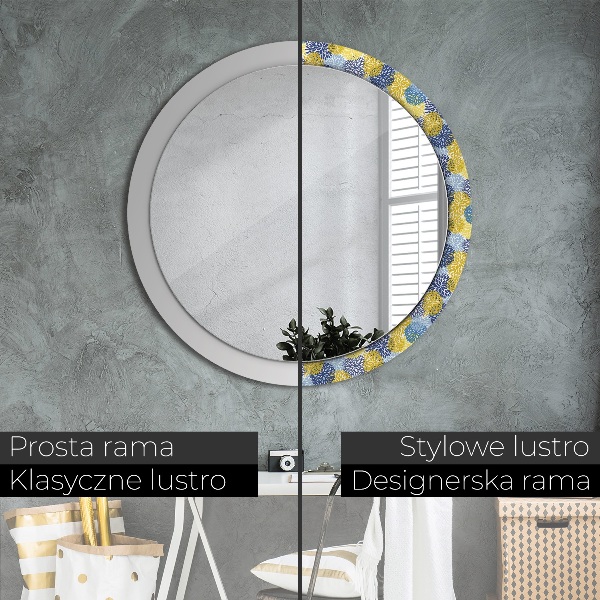 Miroir rond cadre avec impression Fleurs bleues