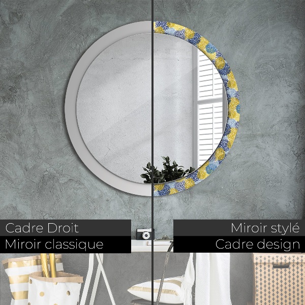 Miroir rond cadre avec impression Fleurs bleues