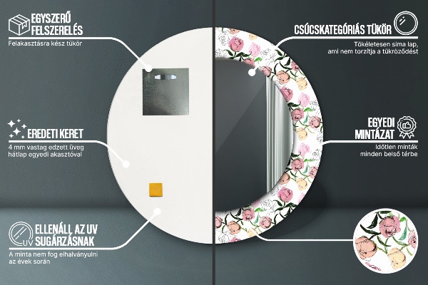 Miroir rond cadre avec impression Poudons de pivoine