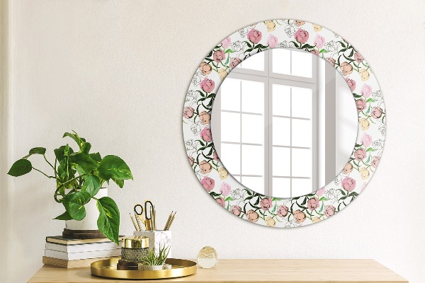 Miroir rond cadre avec impression Poudons de pivoine