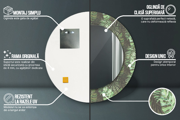 Miroir rond cadre avec impression Feuilles tropicales