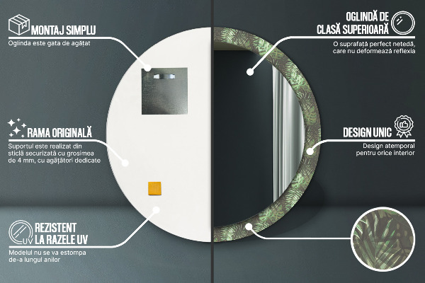 Miroir rond cadre avec impression Feuilles tropicales