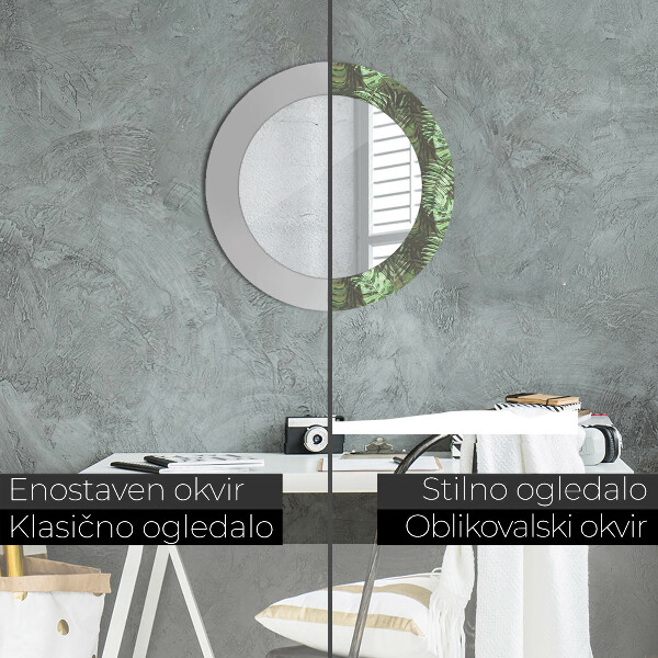 Miroir rond cadre avec impression Feuilles tropicales