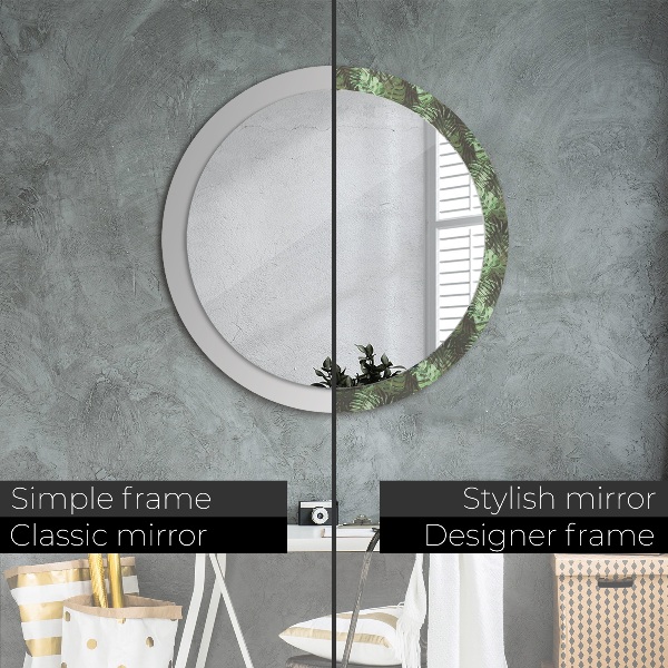 Miroir rond cadre avec impression Feuilles tropicales