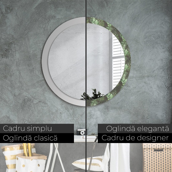 Miroir rond cadre avec impression Feuilles tropicales