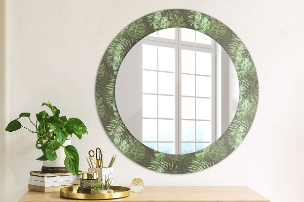 Miroir rond cadre avec impression Feuilles tropicales
