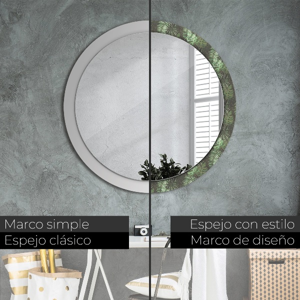 Miroir rond cadre avec impression Feuilles tropicales