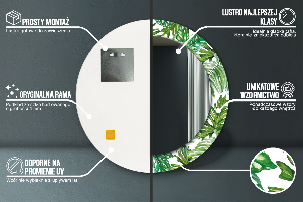 Miroir rond cadre avec impression Feuilles de la jungle