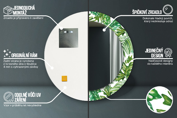 Miroir rond cadre avec impression Feuilles de la jungle