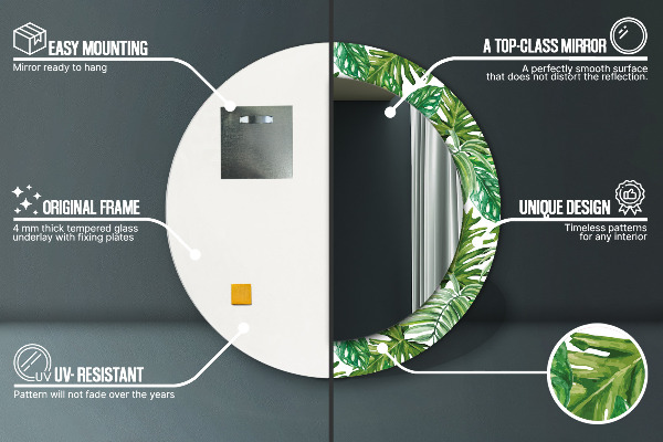 Miroir rond cadre avec impression Feuilles de la jungle