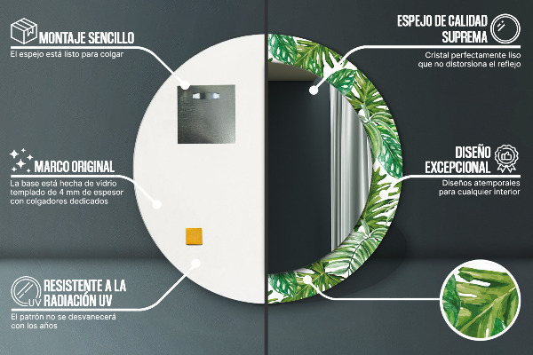 Miroir rond cadre avec impression Feuilles de la jungle