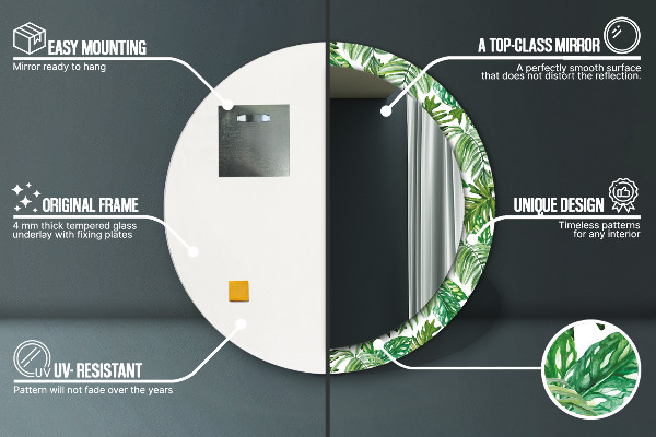 Miroir rond cadre avec impression Feuilles de la jungle