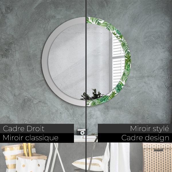 Miroir rond cadre avec impression Feuilles de la jungle