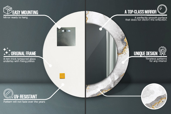 Miroir rond cadre avec impression Or marbre blanc