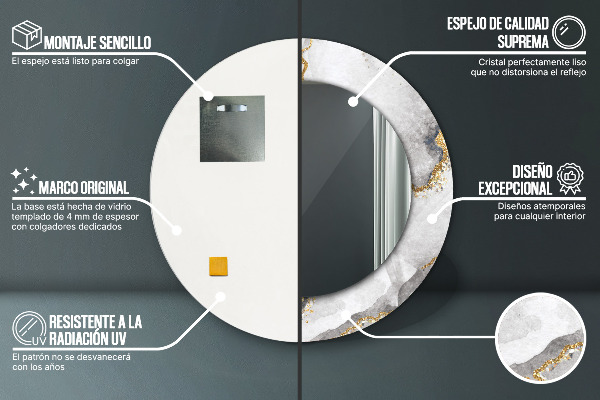 Miroir rond cadre avec impression Or marbre blanc