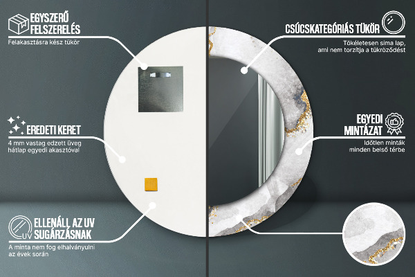 Miroir rond cadre avec impression Or marbre blanc