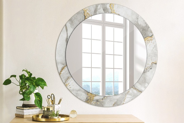 Miroir rond cadre avec impression Or marbre blanc
