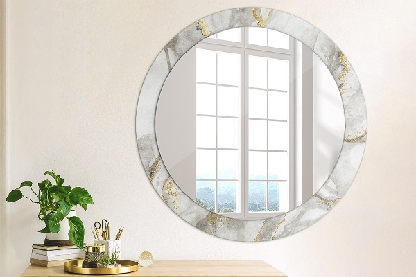 Miroir rond cadre avec impression Or marbre blanc