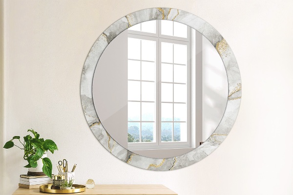Miroir rond cadre avec impression Or marbre blanc