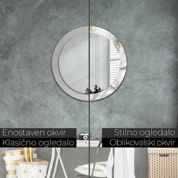 Miroir rond cadre avec impression Or marbre blanc