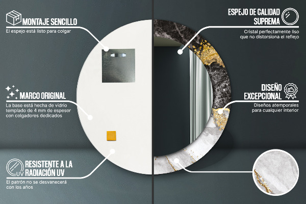 Miroir rond cadre avec impression Marbre et or
