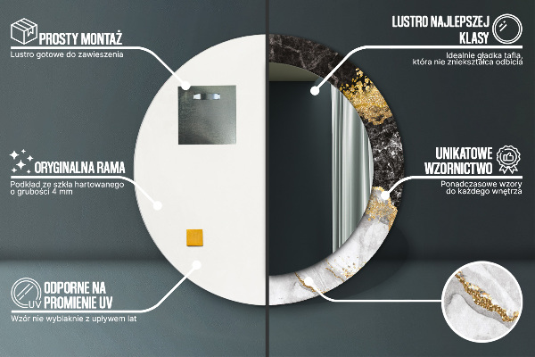 Miroir rond cadre avec impression Marbre et or