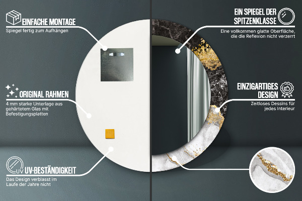 Miroir rond cadre avec impression Marbre et or