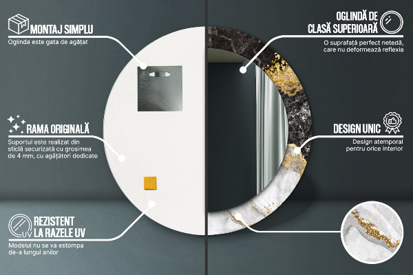 Miroir rond cadre avec impression Marbre et or