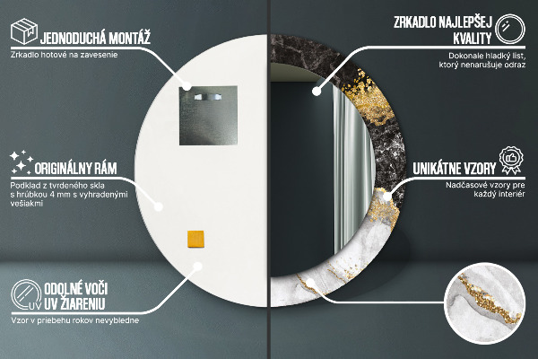 Miroir rond cadre avec impression Marbre et or