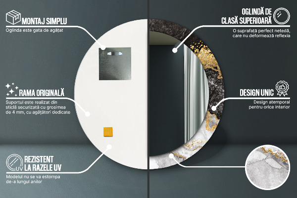 Miroir rond cadre avec impression Marbre et or