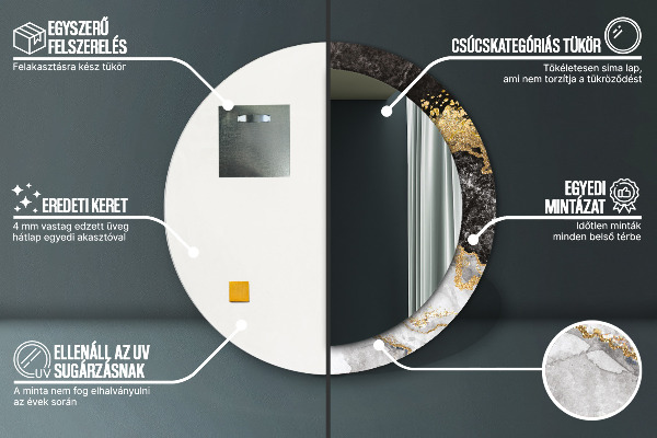 Miroir rond cadre avec impression Marbre et or