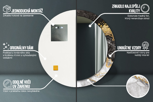 Miroir rond cadre avec impression Marbre et or