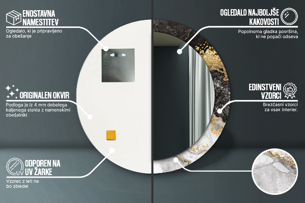 Miroir rond cadre avec impression Marbre et or