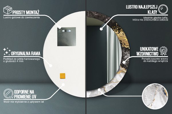 Miroir rond cadre avec impression Marbre et or