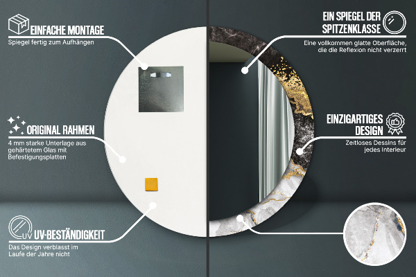 Miroir rond cadre avec impression Marbre et or