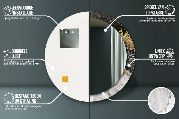 Miroir rond cadre avec impression Marbre et or