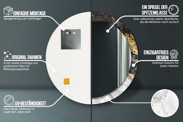 Miroir rond cadre avec impression Marbre et or