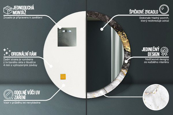 Miroir rond cadre avec impression Marbre et or