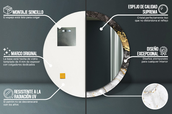 Miroir rond cadre avec impression Marbre et or